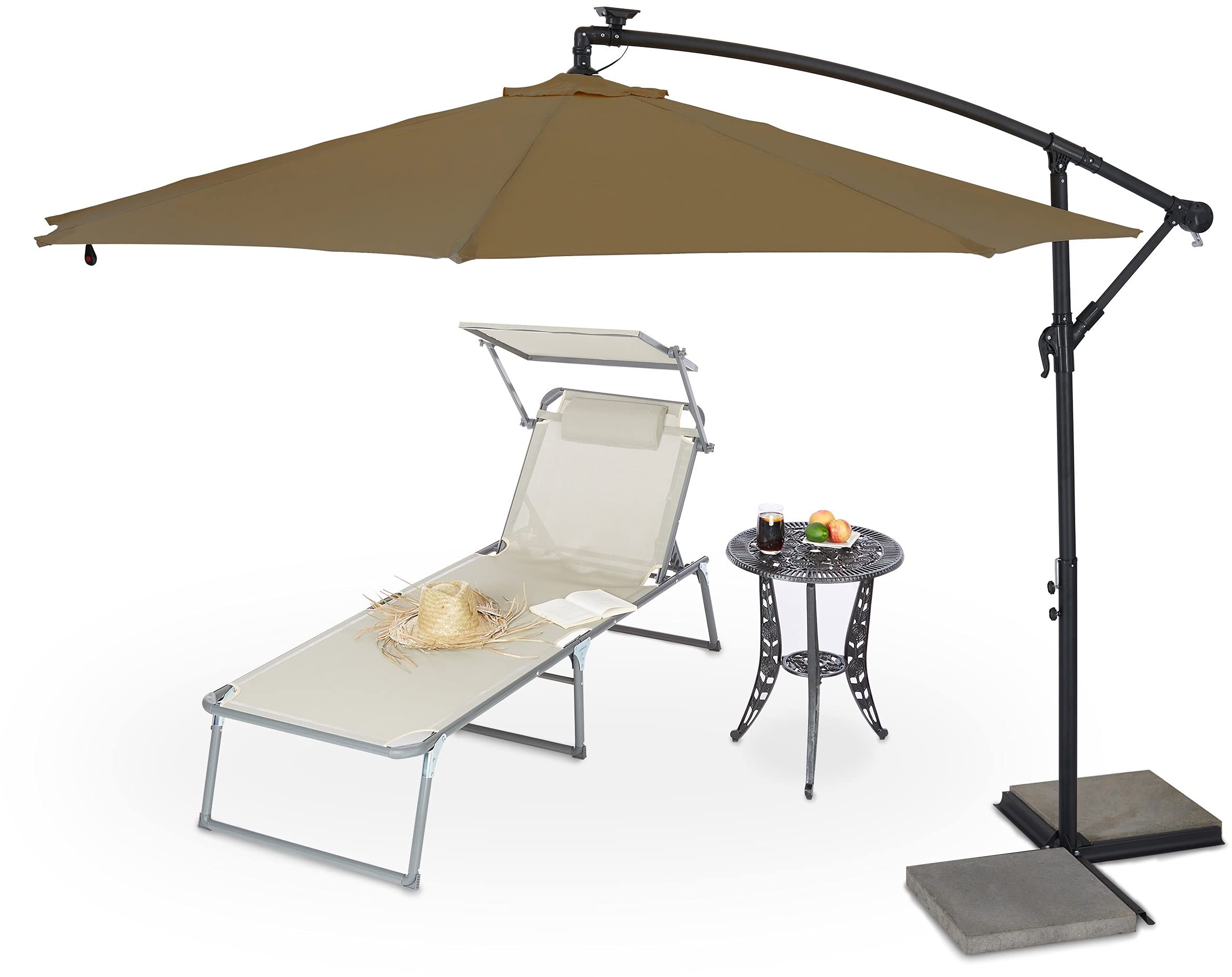 Relaxdays Ampelschirm mit Kurbel, ∅ 300 cm, LED Beleuchtung, Schutzhülle, neigbar, XXL Sonnenschirm mit Ständer, braun