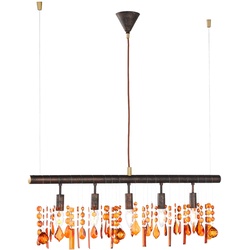 Pendelleuchte Hängelampe Kristalle braun Hängeleuchte Esstischleuchte Bernstein-Farben, Metall, 5x E14 Fassung, LxBxH 80x9,8x150 cm