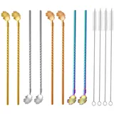 Bulckrew 8 pcs Strohhalme Löffel Wiederverwendbare Edelstahl Trinkhalme Löffel in Blume Form 2 in 1 Gerade Metallstrohhalme Löffel mit 4 Reinigungsbürsten, Bunt