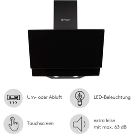 Wiggo Dunstabzugshaube 60cm kopffrei I Abluft Umluft Dunstabzug 300m3/h - LED Touch-Display 3 Stufen I Schräghaube inkl. Fettfilter & 2x Kohlefil...