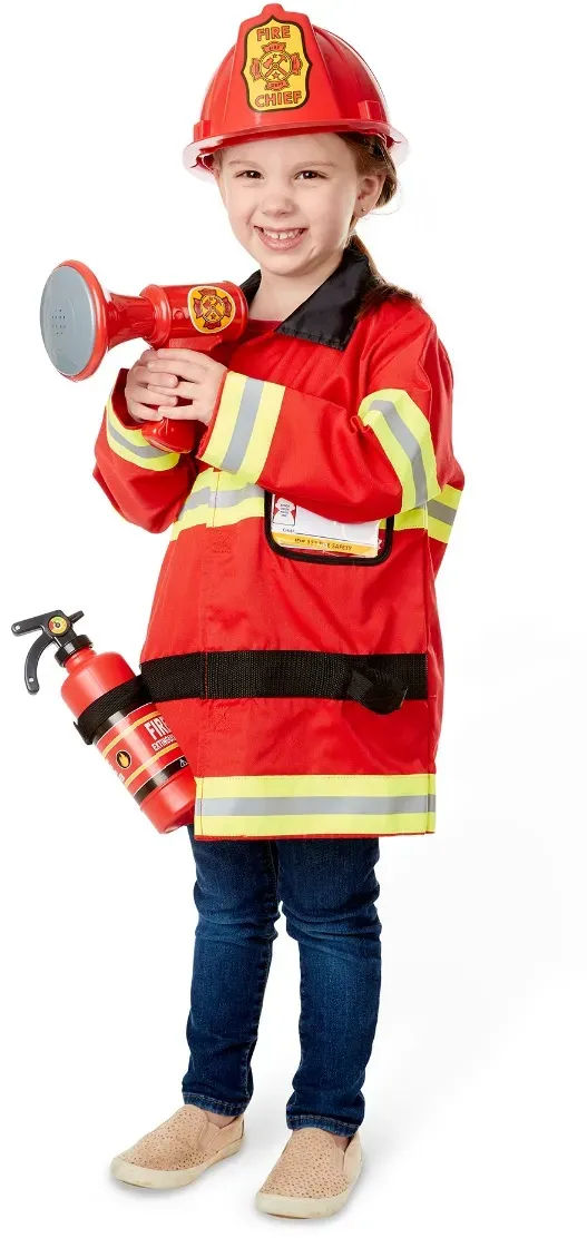 Melissa & Doug Feuerwehr-Kostüm Kinder 3-6 Jahre - rot/weiß, Polyester - Helm, Reflektoren, Megafon, Feuerlöscher, abwaschbar