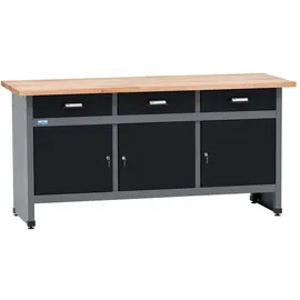 KÜPPER Werkbank Holz 170x84x60 cm schwarz 3 Schubladen 3 Türen 300 kg Traglast