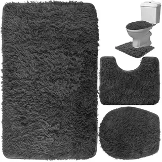 ruhhy Badematte Badezimmerteppich-Set Badvorleger WC-Vorleger mit Ausschnitt grau