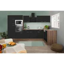Respekta Winkelküche Oliver L-Form 340 x 172 cm E-Geräte schwarz seidenglanz/eiche york nachbildung
