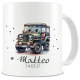 Samunshi® Kindertasse mit Namen Tasse mit Süßer Jeep Personalisierte Tasse mit Namen Kinder Kinderbecher mit Namen für Kindergarten oder Geburtstag weiß 300ml