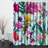 RFFLUX 3D Flamingo Duschvorhang Anti Schimmel 240 x 200 cm mit 12 Ringe Polyester Tropisch Blumen Blätter Duschvorhänge Anti-Bakteriell Waschbar Wasserdicht Badvorhänge für Badezimmer