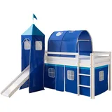 Homestyle4u Hochbett 90x200 Weiß Blau Holz Kiefer Vorhang Turm Tunnel Rutsc