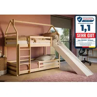 Kids Collective Hochbett mit Rutsche 90x200 cm, Hausbett, Etagenbett mit Rausfallschutz, Leiter Bodenbett Jugendbett Spielbett für 2 Kinder, Kinderzimmer Kiefer natur braun