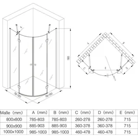 doporro Duschkabine 80x80x190cm Duschabtrennung inkl. flache-Duschwanne ESG-Sicherheitsglas Klarglas Easy-Clean-Beschichtung Ravenna02K