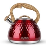 Toptier Teekessel, Pfeifkessel mit Holzmuster-Griff, laute Pfeife, lebensmittelechter Edelstahl, Teekanne für Herde, Induktion, Diamant-Design, Wasserkessel, 2,7 l, Rot