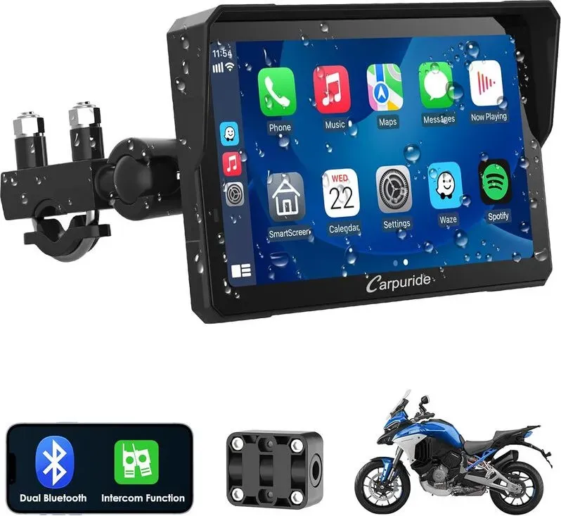 Carpuride W702 Pro Motorrad-CarPlay-Display mit Interkom-Funktion, kabelloses CarPlay und Android Auto, tragbarer, wasserdichter 7-Zoll-Touchscreen, verbessertes Dual-Bluetooth, Navigation, Kompass, Barometer