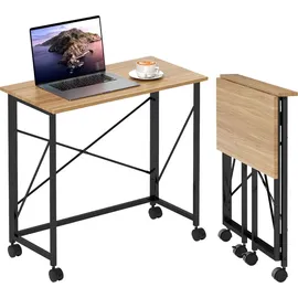 Homcom Schreibtisch Klappbar Kleiner 80 cm Klappschreibtisch mit Rollen Platzsparend Computertisch für Home Office, Eiche - Braun/Schwarz