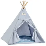 Rainbow Kids Tipi-Zelt Tipi für Hunde und Katzen / Haustierzelt Grauer Pompon, (2 tlg), vier Holzstangen zu je 110 cm Länge