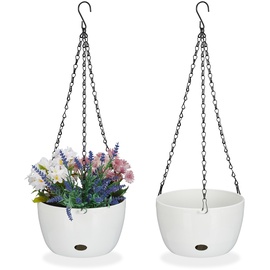 Relaxdays Blumenampel mit Wasserspeicher, 2er Set, HxD 56x20,5 cm, außen & innen, hängender Blumentopf, Kunststoff, weiß, 56 x 20,5 cm