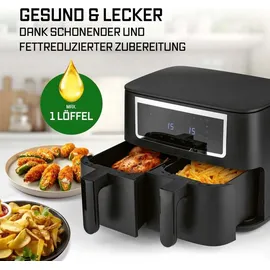 GOURMETmaxx Doppelkammer Heißluftfritteuse - 2 x 4 L | Synchro-Garzonen Airfryer | Fritteuse mit Touchscreen | Heißluftfritteuse 2 Kammern & 10 Programmen | fast ohne Öl frittieren