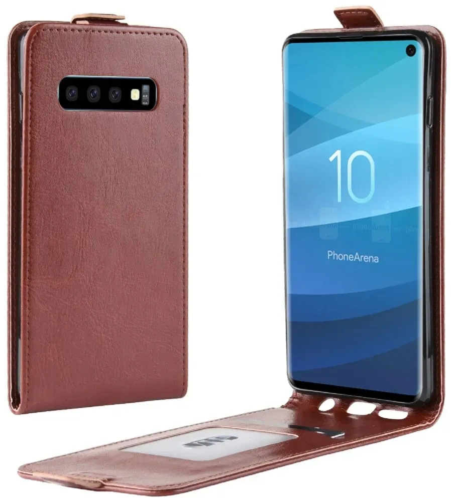 Flip Case Handyhülle für Samsung Galaxy S10 Vertikal Schutzhülle Tasche Cover Braun Bumper Smartphone Kartensteckplatz-Kreditkarte-Geldscheine EC-Karte Bank-Karte