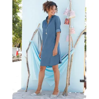 Jeanskleid CASUAL LOOKS "Jeans-Kleid", Damen, Gr. 38, Normalgrößen, blau (blau, bleached), 100% Baumwolle, unifarben, kurz, V-Ausschnitt, 3/4-Ärmel, Kleider, Topseller