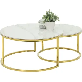 Hela Tische, 2er Set Couchtisch Joel rund", Sofatisch, Echtstein in Marmoroptik weiß gold, H/D: ca. 41x80 cm - Marmoroptik, weiß, gold,