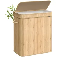 Songmics Wäschekorb mit Deckel, Wäschesammler Bambus, Wäschesack herausnehmbar und Griffen, 100 Liter, für Waschküche, Schlafzimmer, Wohnzimmer, naturbeige LCB063N01