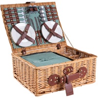 eGenuss Handgefertigtes Picknickkorb für 4 Personen mit Kühlfach, Edelstahlbesteck, Kühlfach, Weingläser und Porzellanteller | GRÜN