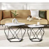 VASAGLE Couchtisch rund 2er Set, modern marmorweiß-tintenschwarz