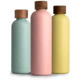 T&N Edelstahl Trinkflasche 1 Liter, Thermosflasche 1l mit Akazienholz Deckel, Isolierte Wasserflasche auslaufsicher bei Kohlensäure, Isolierflasche 1000ml - Nude