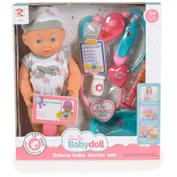 Moni Kinderpuppe 31 cm Stethoskop, Arztzubehör, Arztausweis, mit Geräuschen  grau