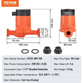 Vevor Heizungspumpe 4 m Förderhöhe, Umwälzpumpe, 220 V, 22 W, 50 L/min, hocheffiziente Umwälzpumpe, automatische Wasserumwälzpumpe, 1-1/2 Zoll NPT-Gewinde, EMC Pumpe für Warmwasserbereitersystem