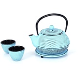 ECHTWERK Teeservice aus Gusseisen, Teekanne 0,8 L mit abnehmbarem Sieb, Teebereiter mit Untersetzer und 2 Teetassen Teekannen-Set Vintage-Design für Zubereitung von losem Tee, Hellblau