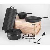 Carl Schmidt Sohn Topf-Set »Parilla«, Gusseisen, (Set, 9 tlg., Kochtopf, Kasserolle, Pfanne, Grillplatte, Schürhaken, Untersetzer), (DutchOven) schwarz