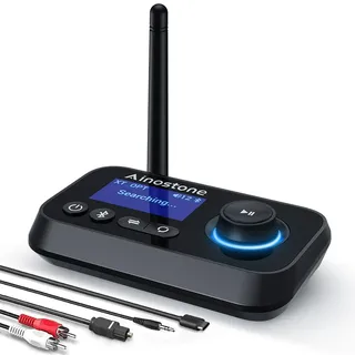 Ainostone Bluetooth 5.3 Sender Empfänger für 2 Kopfhörer 3-in-1 Bluetooth Audio Adapter Low Latency Bluetooth Transmitter mit Bypass Schalter Lautstärkeregelung Optisch RCA AUX für TV Lautsprecher PC
