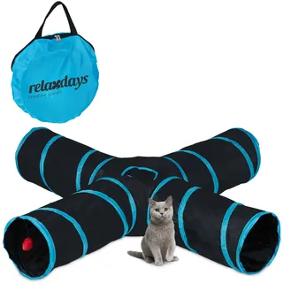 Relaxdays Katzentunnel faltbar, 4 Wege, Spielzeug, interaktive Katzenröhre, HBT: ca. 25x130x125 cm, Tunnel, schwarz/blau