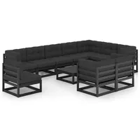 vidaXL 11-tlg Garten-Lounge-Set mit Kissen Schwarz Kiefer Massivholz