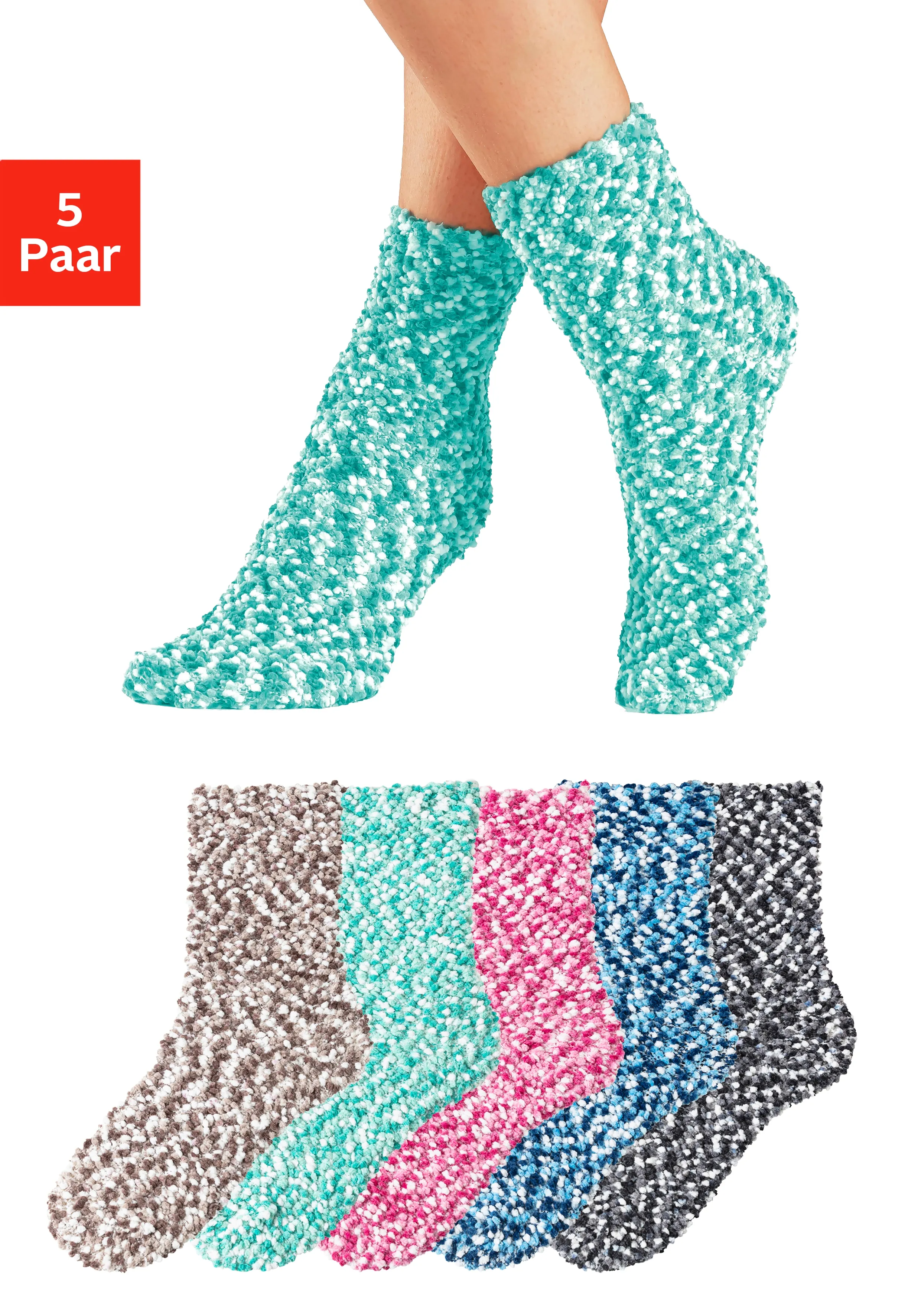 Lavana Kuschelsocken, (Packung, 5 Paar), Multifarbe Bettsocken mit weichem Noppengarn Lavana 1x schwarz weiß, 1x blau weiß ́, 1x braun weiß, 1x mint weiß, 1x pink weiß 35-38