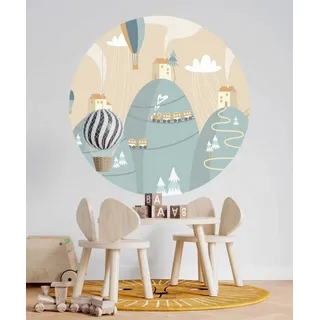 WANDKIND Wandtattoo Haus auf dem Berg Kinderzimmer RUND V394, Heißluftballon, wieder ablösbar 60 cm x 60 cm