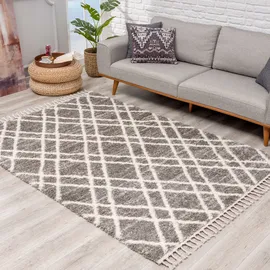 Carpet City Hochflor-Teppich CARPET CITY "Pulpy 540" Gr. 4, grau, B:200cm H:30mm L:290cm, Kunstfaser, Teppiche, Fransenteppich, besonders weich, mit Fransen, Rauten-Optik