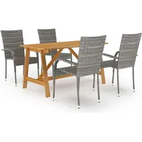 Garten-Essgruppe für 4 Personen, Grau, Akazienholz & wetterfestes PE-Rattan, Tisch 140x70 cm, Stühle stapelbar - Grau