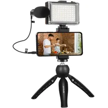 PULUZ Live-Aufnahme-Set Stativ + LED-Licht + Mikrofon + Telefonclip Schwarz