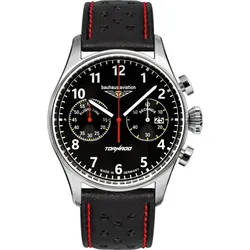 Bauhaus  Aviation Quarz 27702 - Leuchtzeigern,Schwarzes Ziffernblatt mit weißen,nachts leuchtenden Zahlen/Indices,rote Naht,schwarz - 42mm