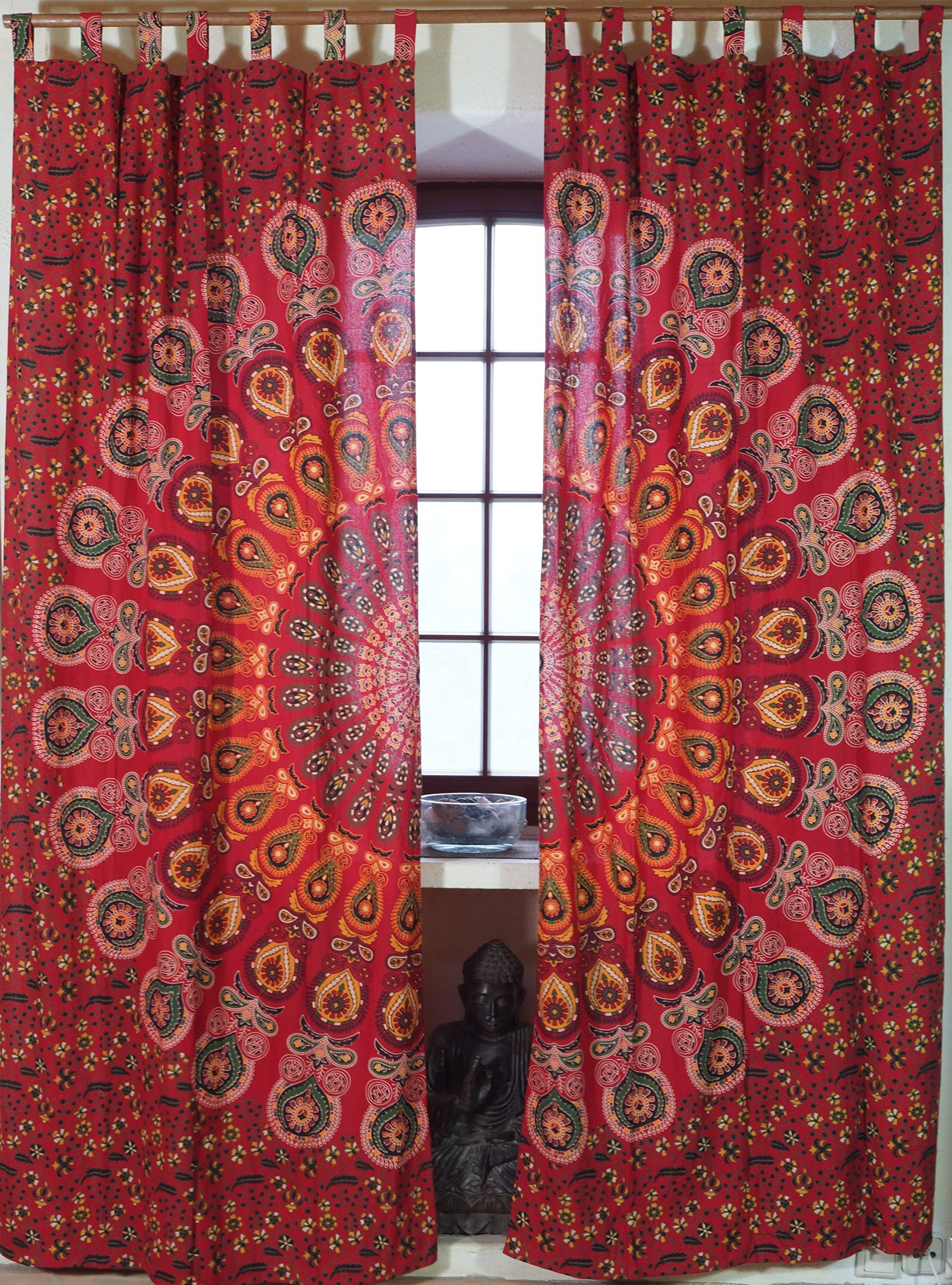 GURU SHOP Boho Vorhänge, Gardine (1 Paar) mit Schlaufen, Handbedruckter Ethno Style Vorhang, Mandala Motiv - Rot/orange, Baumwolle, 220x100x0,2 cm, Dekovorhänge