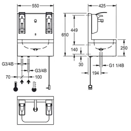 KWC AR Hygienewaschplatz, elek., Edelstahl, AP, Thermostat, 550x650x425 mm, 230 VAC