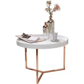 KADIMA DESIGN Sofatisch LIA Rund: Retro Stil, Metallgestell, abnehmbares Tablett, Anti-Rutsch-Noppen, Gold/Schwarz oder Kupfer/Weiß.