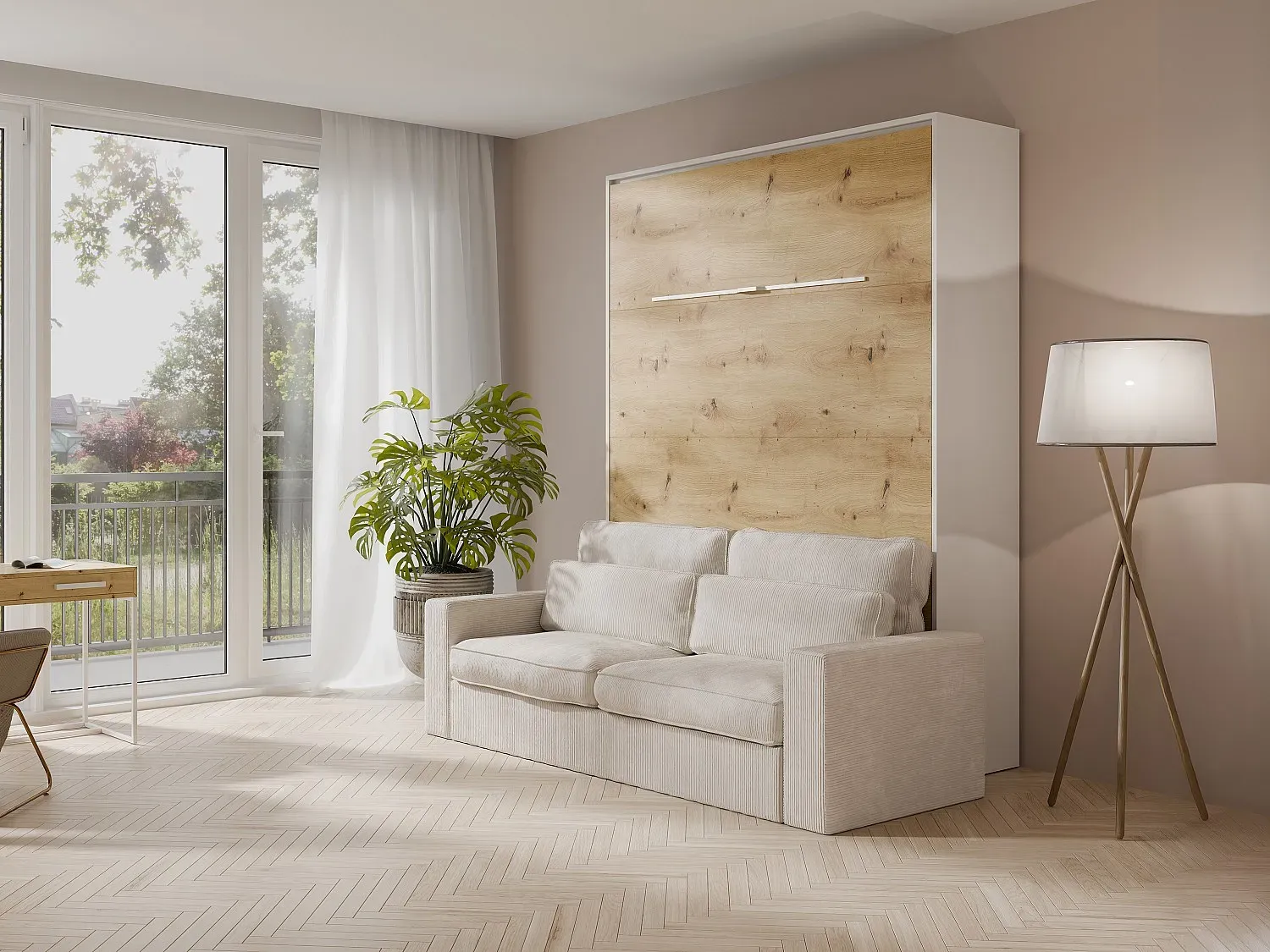 Schrankbett + Sofa + Matratze - 140 x 200 cm - Manuelle vertikale Öffnung - Mit LED-Beleuchtung - Weiß & Holzfarben - RAPILI