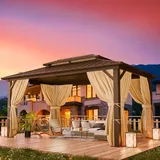 HOTEEL 3x3.65m Hardtop Pavillon Wasserdicht Stabil Winterfest, Gartenpavillon Metall mit Verzinkter Stahl Doppeldach, Alu-Rahmen, Schwer Entflammbare Vorhänge & Moskitonetz, Braun (2025 Aufrüstung)