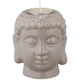 Relaxdays Buddha Teelichthalter, Keramik, Buddha-Kopf für Teelicht, Zen-Deko für Wohnzimmer & Bad, Feng Shui Deko, grau,