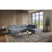 Wohnlandschaft HOME AFFAIRE "Calypso U-Form" Sofas Gr. B/H/T: 334cm x 85cm x 227cm, Flachgewebe, Ottomane rechts, ohne Kopfteilverstellung-ohne Armteilverstellung-ohne Bett-ohne Bettkasten-ohne Relax motorisch-ohne Stauraum, grau (grau/blau) wahlweise mit motorischer Relaxfunktion