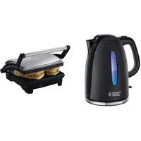 Russell Hobbs Kontaktgrill [3-in-1: Tischgrill - geöffnete Grillplatten | Panini & Sandwich Maker & Wasserkocher [1,7l, 2400W,blaue LED-Beleuchtung] Textures + Teekocher 22591-70