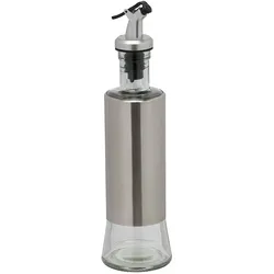 Relaxdays Essig- und Ölspender Set, 4 Glasflaschen, 300 ml, Ausgießer, Olivenöl & Vinaigrette, leere Ölflasche, silber