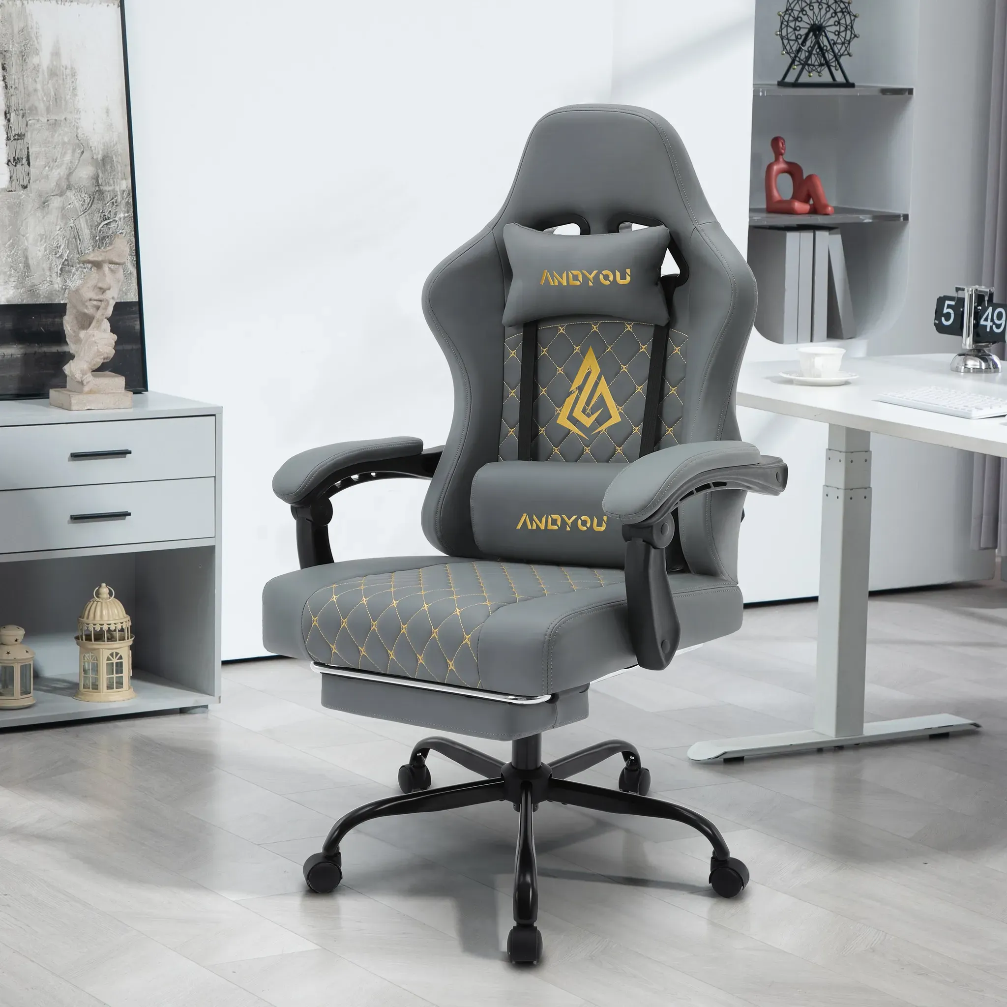 ANDYOU Ergonomic PU Leather Racing Style Gaming Chair - Comfortable and Adjustable, Grey