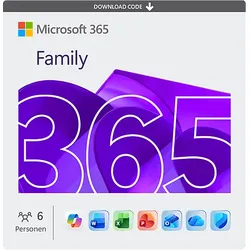 Microsoft 365 Family, 12 Monate für 1-6 Nutzer (je 5 Geräte), 6 TB Cloudspeicher, Download Code - [Multiplattform]